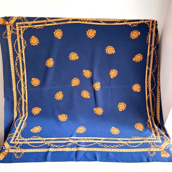 Vintage Ralph Lauren Blue Gold Silk Hand Rolled Scarf - Picture 1 of 9